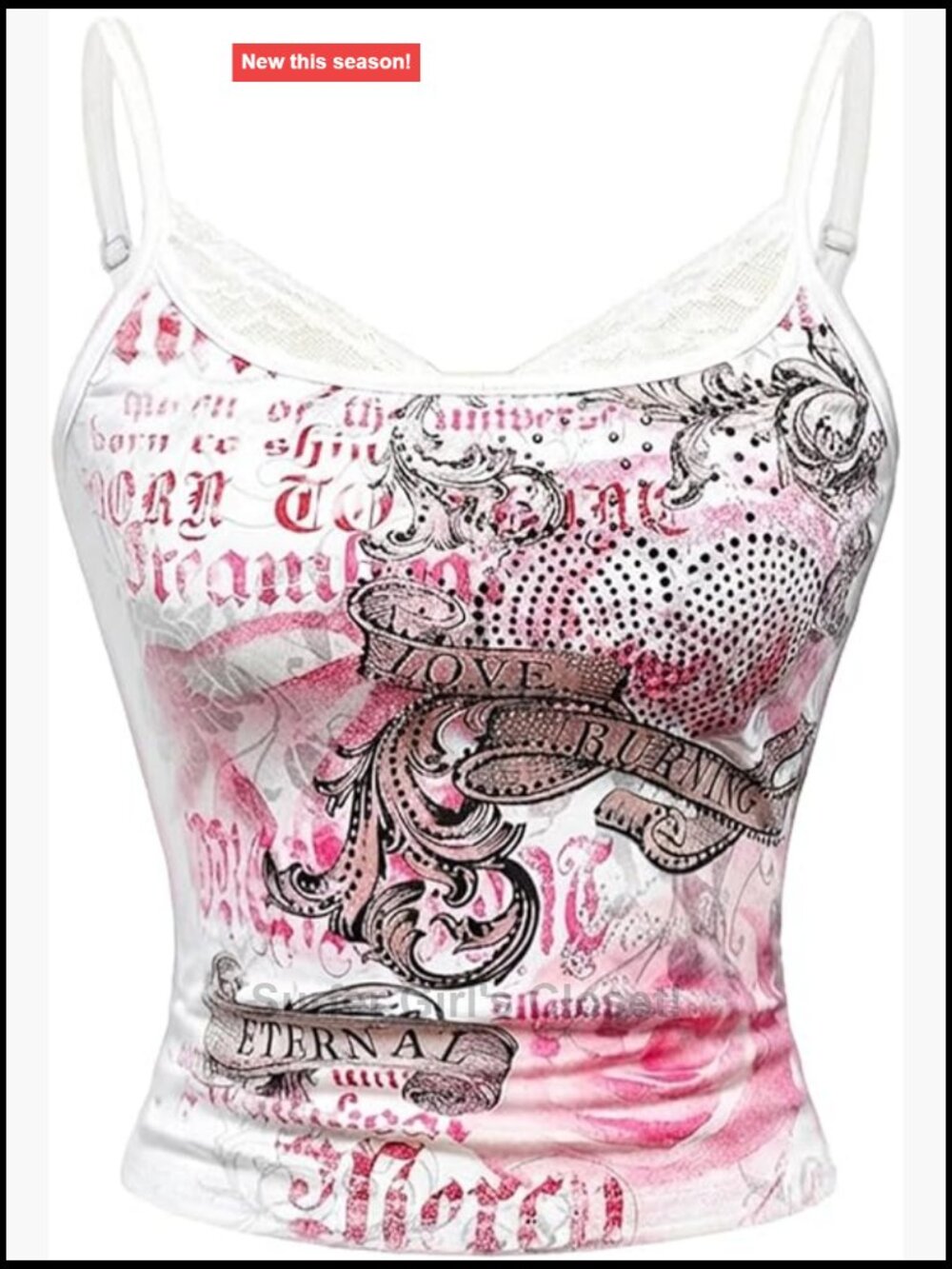 Y2K Graphic Lace Rhinestone Ruched Cami Tank Top Soft Stretchable